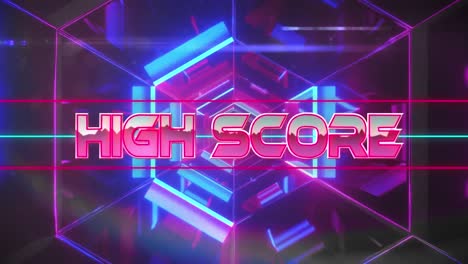 Animation-of-high-score-over-neon-lines-with-glitch-on-black-background