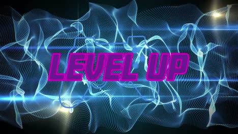 Animation-Von-Level-Up-Text-über-Blau-Leuchtenden-Lichtspuren