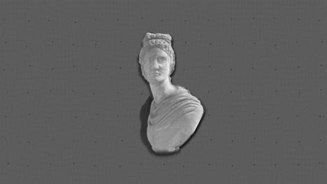 Animation-of-ancient-bust-sculpture-turning-with-glitch-on-grey-background