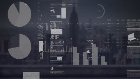 Animation-Der-Infografik-Schnittstelle-über-Der-Modernen-Stadt-Im-Hintergrund