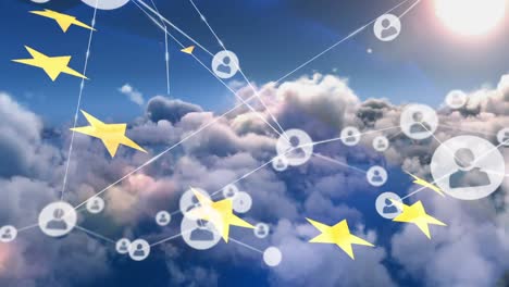 Animation-of-network-of-connections-with-icons-and-clouds-over-flag-of-eu