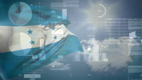 Animation-of-data-processing-and-flag-of-honduras-over-clouds-and-sun
