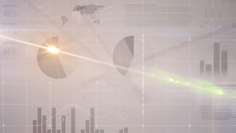 Animation-of-lens-flare-moving-over-infographic-interface-against-clock-in-background