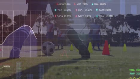 Animation-of-financial-data-processing-over-diverse-football-players-kicking-ball