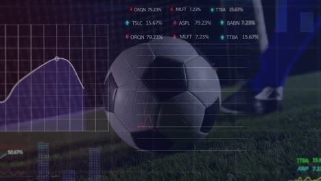 Animation-of-financial-data-processing-over-football-player-kicking-ball-at-stadium