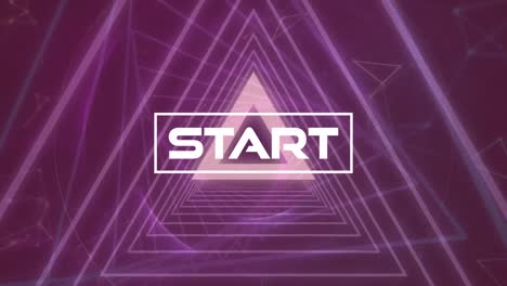 Animation-of-start-text-over-neon-triangles-moving