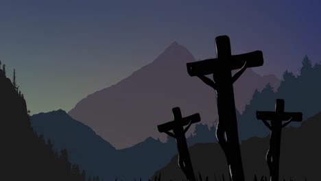 Animation-of-crosses-over-grass-and-mountain-landscape