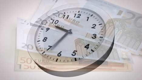 Animation-Einer-Uhr,-Die-über-Euro-Scheinen-Tickt