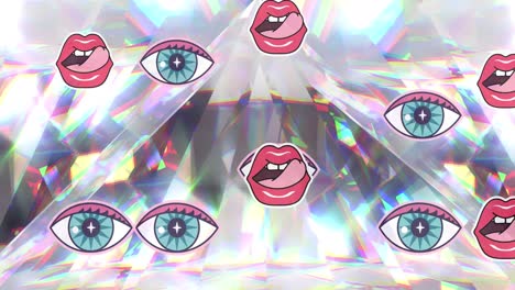 Animation-Von-Augen--Und-Lippensymbolen,-Die-Sich-über-Leuchtende-Kristalle-Bewegen