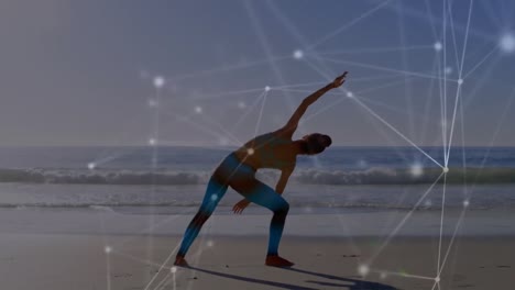 Animation-of-network-of-connections-over-caucasian-woman-exercising-at-beach
