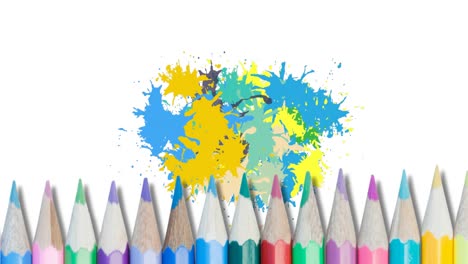Animation-of-multicolored-splash-over-pencils-against-white-background