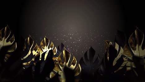 Animation-Von-Goldenen-Tropischen-Blättern-Mit-Fliegenden-Partikeln-Auf-Braunem-Hintergrund