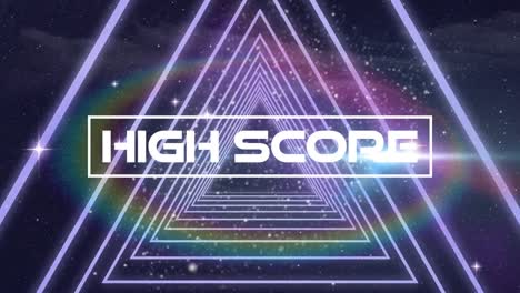 Animation-of-high-score-text-and-stars-over-neon-triangles-moving