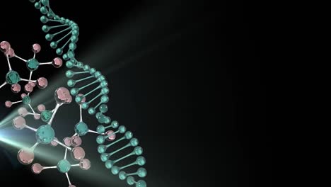 Animation-of-dna-strand-and-molecules-with-copy-space-on-black-background