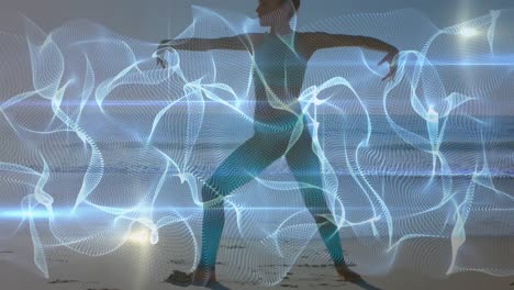 Animation-Von-Formen,-Die-Sich-über-Eine-Kaukasische-Frau-Bewegen,-Die-Am-Strand-Yoga-Praktiziert