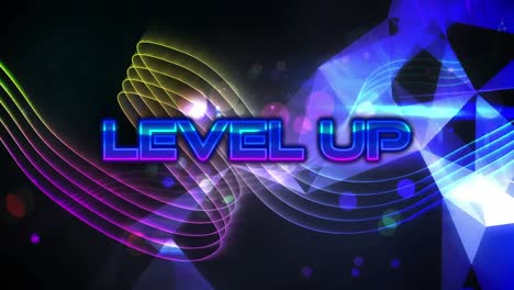 Animation-of-level-up-text-over-neon-shapes-moving