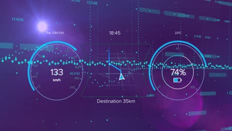 Animation-of-speedometers-on-car-dashboard-on-purple-background