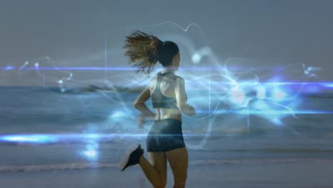 Animation-of-shapes-moving-over-caucasian-woman-running-at-beach
