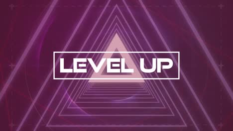 Animation-of-level-up-text-over-neon-triangles-moving