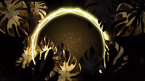 Animation-Von-Goldenen-Tropischen-Blättern-Mit-Gelbem-Neonkreis-Auf-Braunem-Hintergrund
