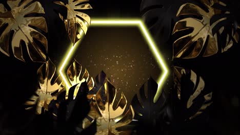Animation-Von-Goldenen-Tropischen-Blättern-Mit-Gelben-Neonsechsecken-Auf-Braunem-Hintergrund