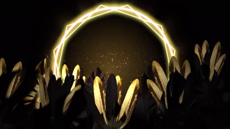 Animation-Von-Goldenen-Tropischen-Blättern-Mit-Gelbem-Neonkreis-Auf-Braunem-Hintergrund