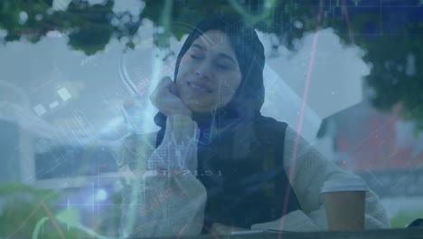 Animation-Der-Finanzdatenverarbeitung-über-Eine-Biraziale-Frau-Im-Hijab-In-Der-Stadt