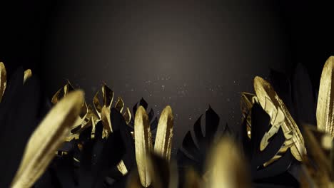 Animation-Von-Goldenen-Tropischen-Blättern-Mit-Fliegenden-Partikeln-Auf-Braunem-Hintergrund