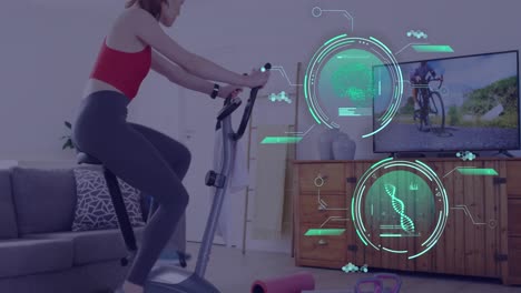 Animation-of-data-processing-over-caucasian-woman-exercising,-using-stationary-bike-at-home