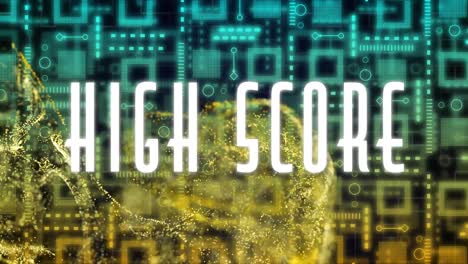 Animation-Von-Highscore-Text-über-Gelben-Formen-Und-Computerplatine-Auf-Schwarzem-Hintergrund