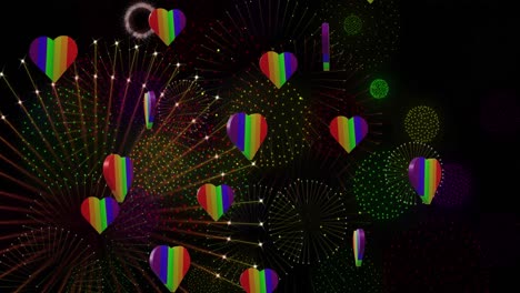 Animation-of-pride-rainbow-hearts-and-fireworks-exploding-on-black-background