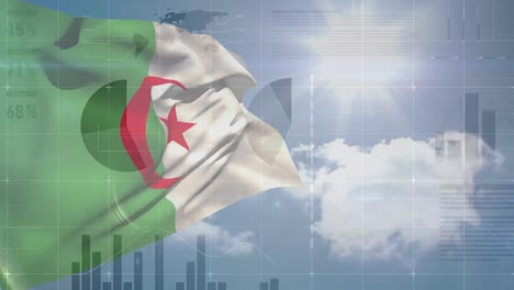 Animation-of-data-processing-and-flag-of-algeria-over-clouds-and-sun