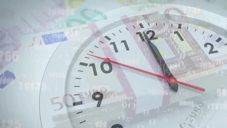 Animation-of-clock-ticking-over-euro-currency-bills