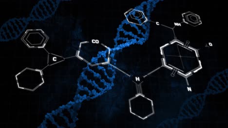 Animation-Der-Chemischen-Formel-über-DNA-Strängen-Auf-Schwarzem-Hintergrund