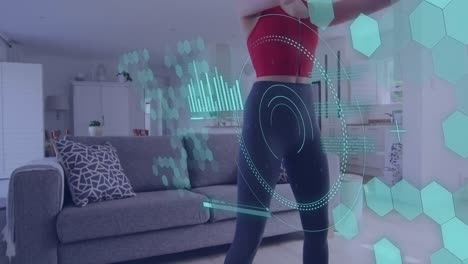 Animation-of-data-processing-over-caucasian-woman-exercising-with-weights-at-home