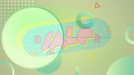 Animation-of-sale-text-and-colorful-shapes-moving-on-green-background