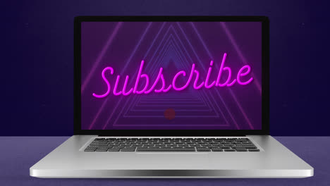 Animation-of-subscribe-text-with-purple-triangles-over-laptop-screen