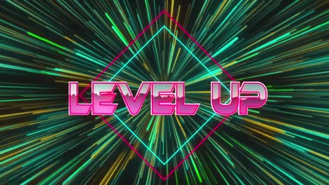 Animation-of-level-up-text-over-neon-lines-and-glowing-light-trails