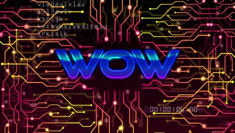 Animation-of-wow-text-over-data-processing-and-computer-circuit-board-on-black-background
