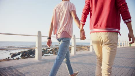 Happy-diverse-gay-male-couple-walking-and-holding-hands-at-promenade-by-the-sea,-slow-motion
