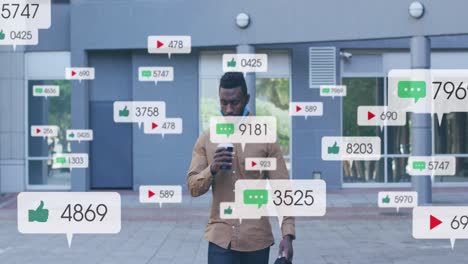 Animation-of-social-media-icons-and-numbers-over-african-american-man-walking-in-city
