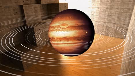 Animation-of-white-circles-and-planet-over-wooden-room