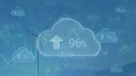 Animation-Von-Wolkensymbolen-Mit-Prozentangaben-über-Datenverarbeitung-Und-Windkraftanlage