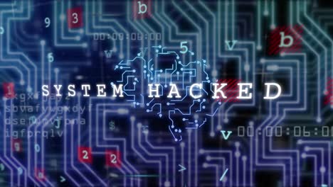 Animation-of-system-hacked-text-and-data-processing-over-circuit-board