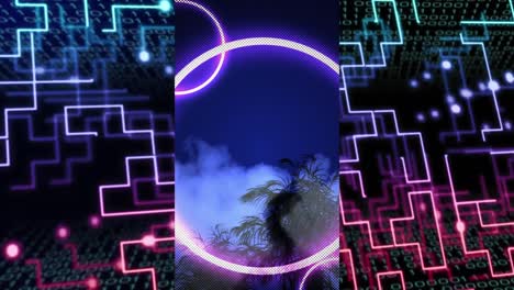 Animation-of-neon-purple-circles-and-data-processing-over-circuit-board