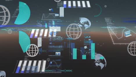 Animation-Von-Globussymbolen-über-Mehrere-Diagramme-Und-Computersprache-Vor-Abstraktem-Hintergrund