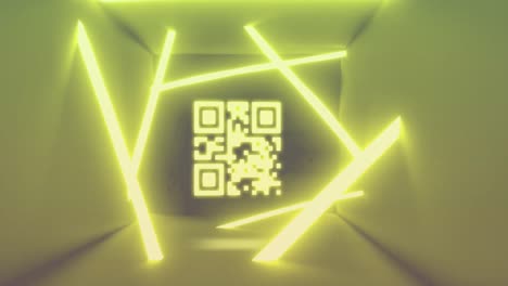 Animation-Von-QR-Code-Mit-Neonlinien-Auf-Gelbem-Hintergrund