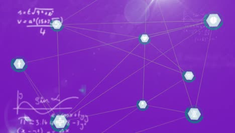 Animation-of-network-of-connections-and-mathematical-data-processing-over-purple-background