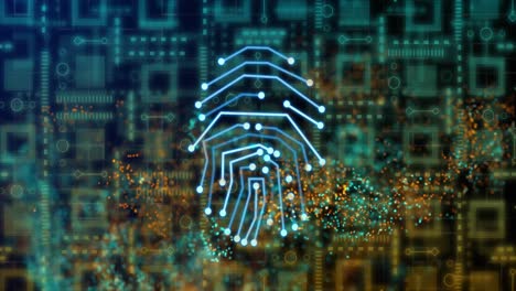 Animation-of-online-biometric-fingerprint,-data-processing-over-computer-circuit-board