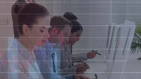 Animation-of-graphs-with-numbers-over-diverse-female-manager-looking-at-coworkers-at-office